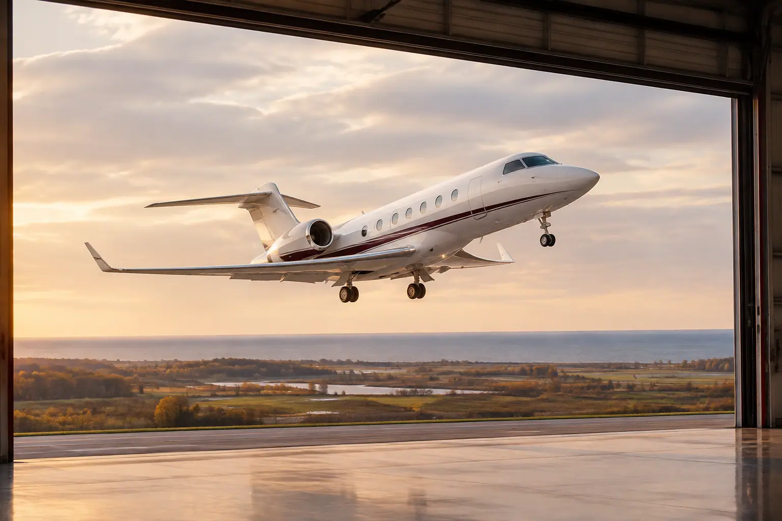 Private jet climbing out over Chicago