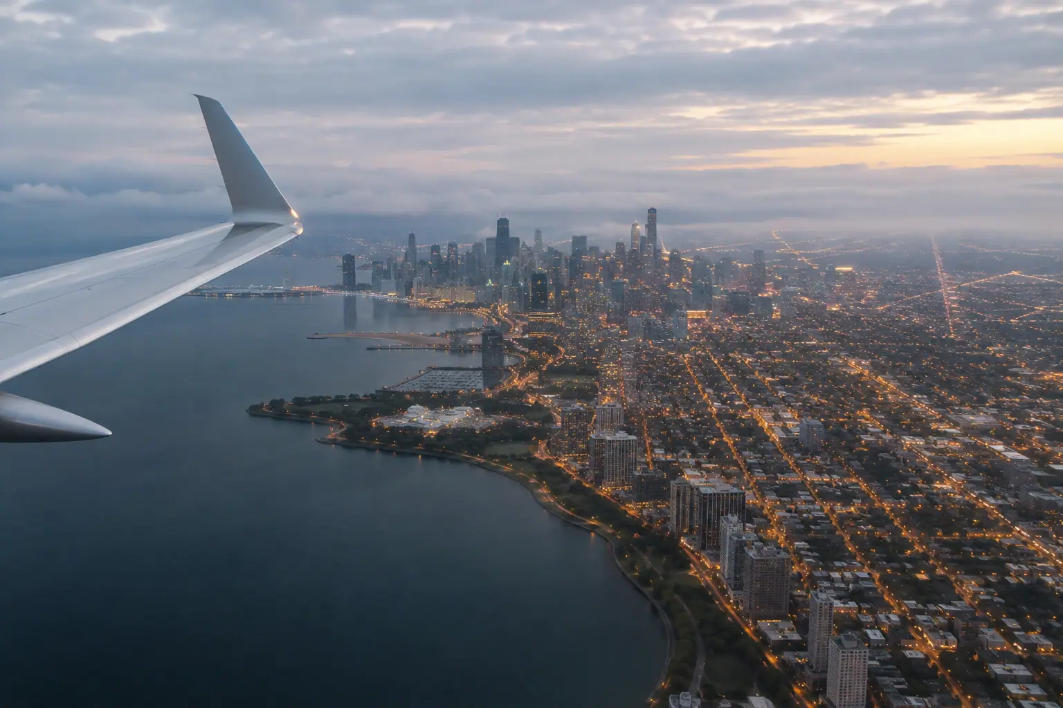 Chicago lights seen from a private jet